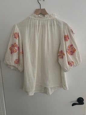 Cream Embroidered Puff-Sleeve Women’s Top
